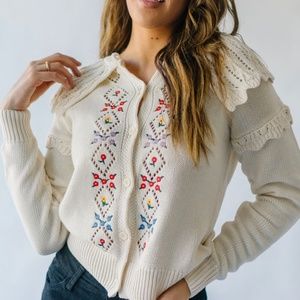 Crochet knit ruffle tier sleeves+collar flap embroidered front sweater cardigan